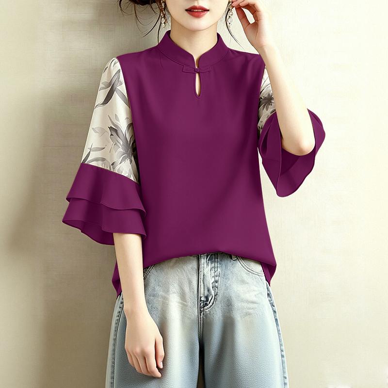 ZANZEA Women Casual Stand Collar Loose Splice 3/4 Sleeve Blouse S