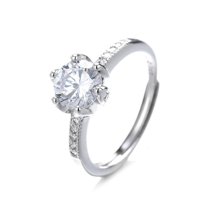 Elegant S925 Sterling Silver Six-Prong Simulated Moissanite Ring with Zircon for Women