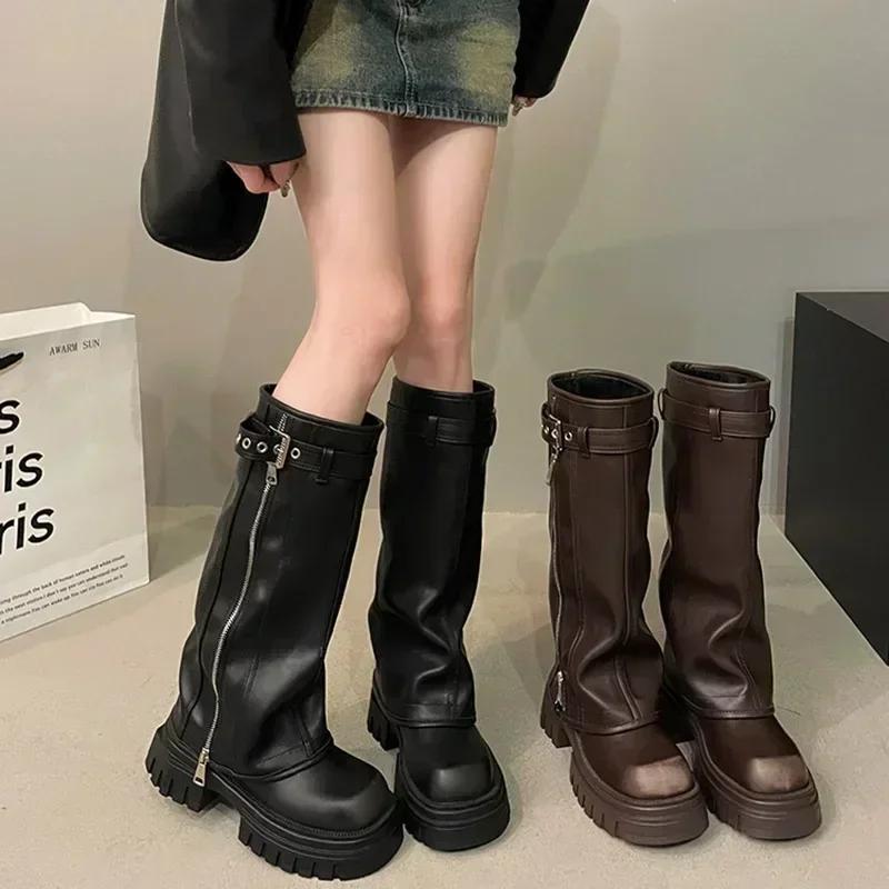 Fashion Winter Women Biker Boots Fashion Belt Buckle Ladies Elegant Platform Long Pipe Booties Casual Women's Knee High Booties