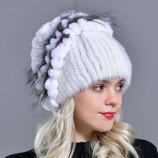 Natural Mink Fur Hat Women Winter Fox Fur Floral Skulls Furry Warm Cap Fashionable Fluffy Genuine Real Fur Girls Knitted Caps