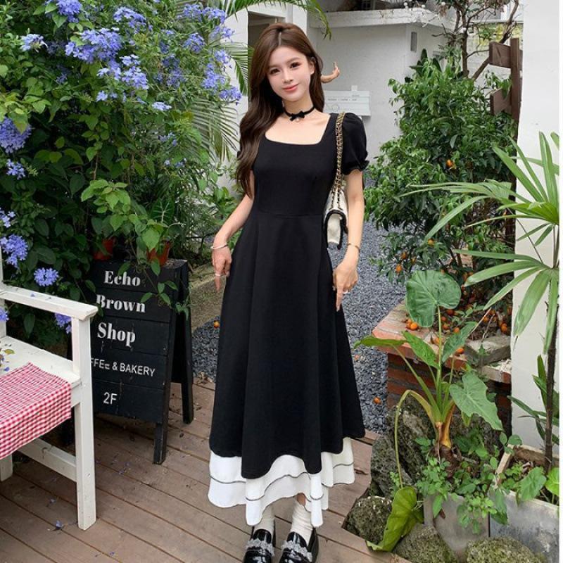 Summer New Fashion Matsumoto Mourning Black Swan Contrasting Color Short-sleeved Skirt Small Black Dress Thin A-word Dress