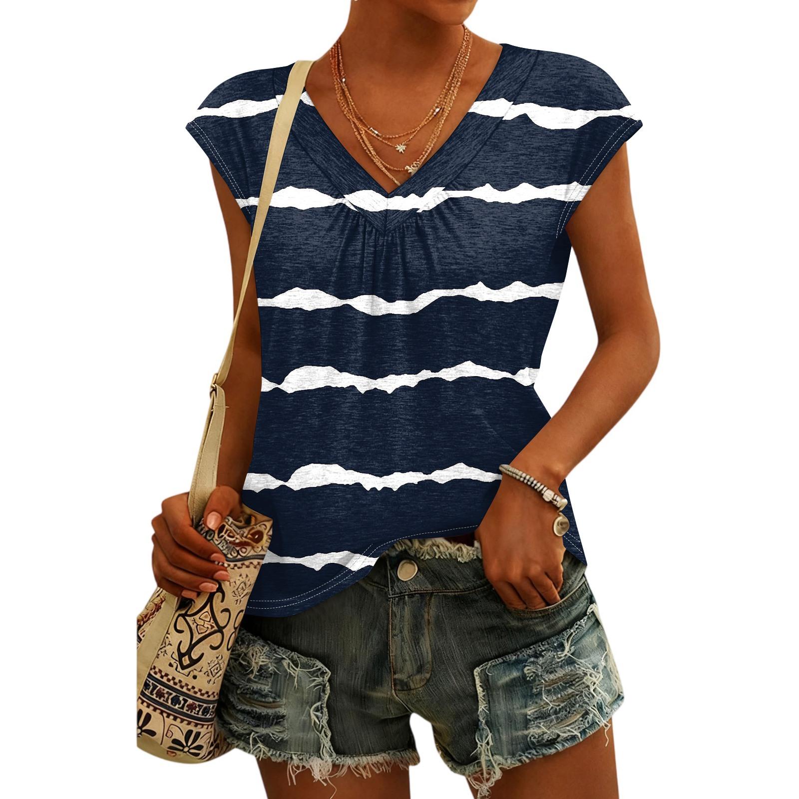 

Women s Fashion V-neck Striped Print Short Sleeve Top XXL Темно-синій