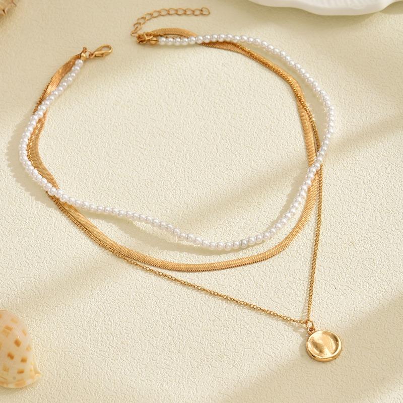 New, Fashionable and Simple Round Brand Pendant Necklace Light Luxury Niche Pearl Neck Chain Multi-layer Stacked Women