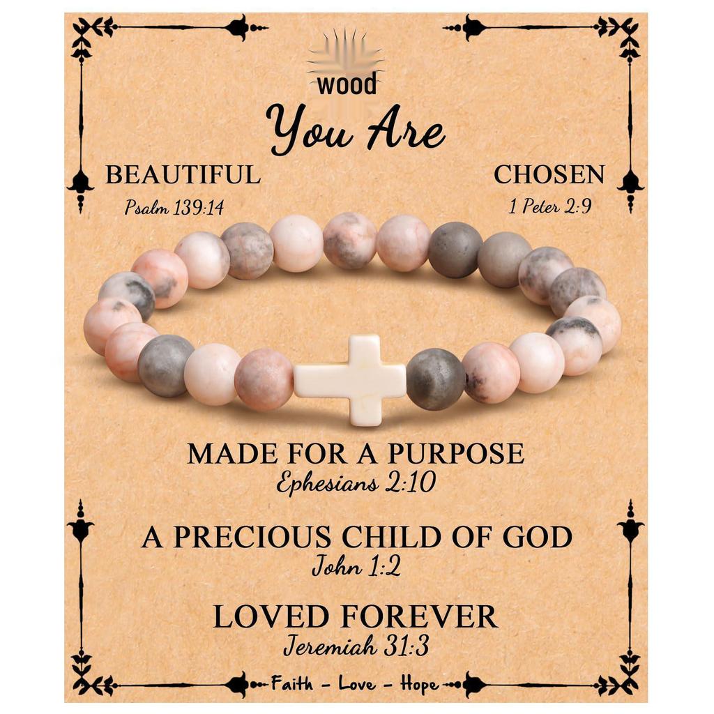 Emperor Stone Pink Zebra Beaded Bracelet with Cross Charm