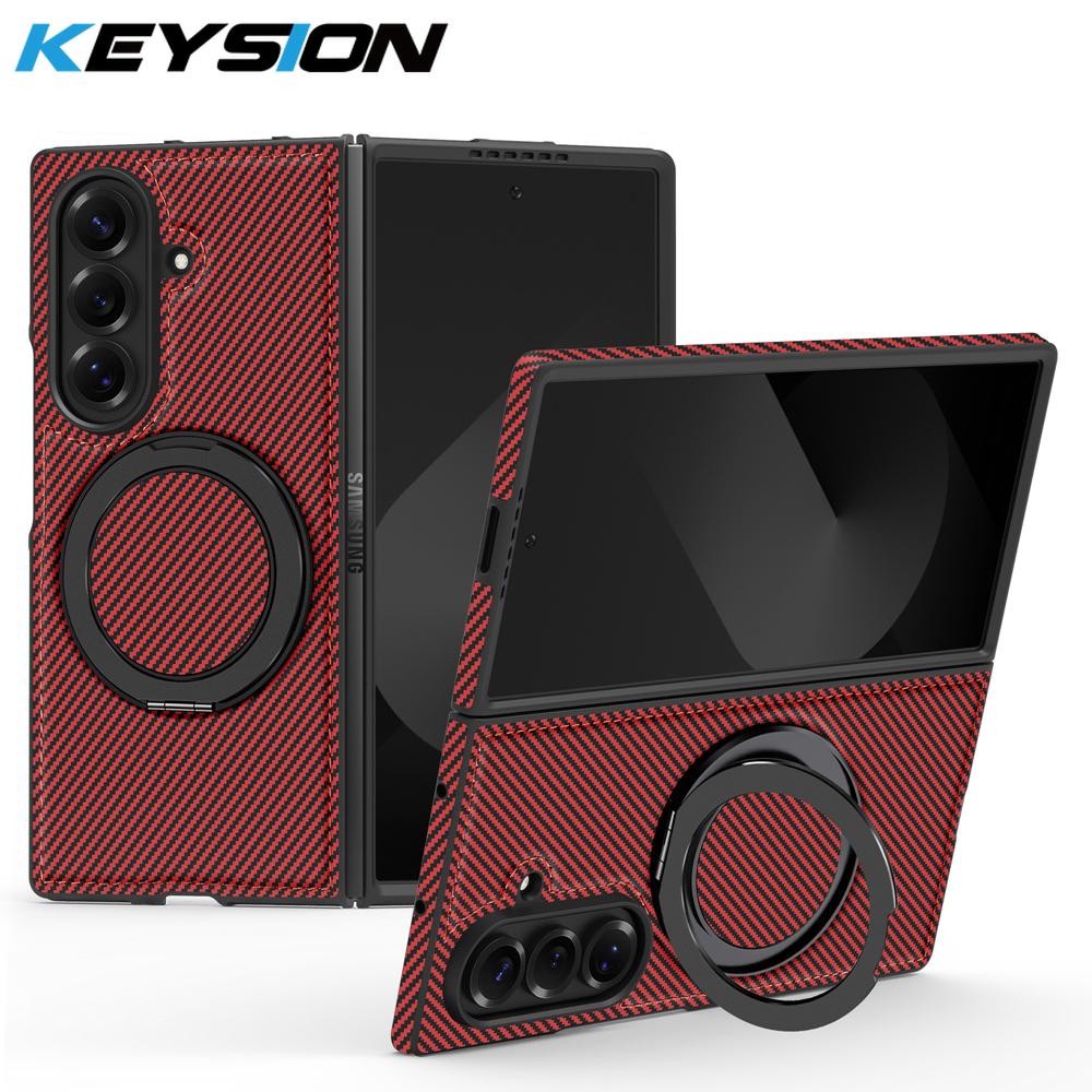 KEYSION Kevlar Carbon Fiber Texture Case for MagSafe for Samsung Galaxy Z Fold 7 6 5 4 3 360° Rotating Magnetic Ring Stand Phone Cover