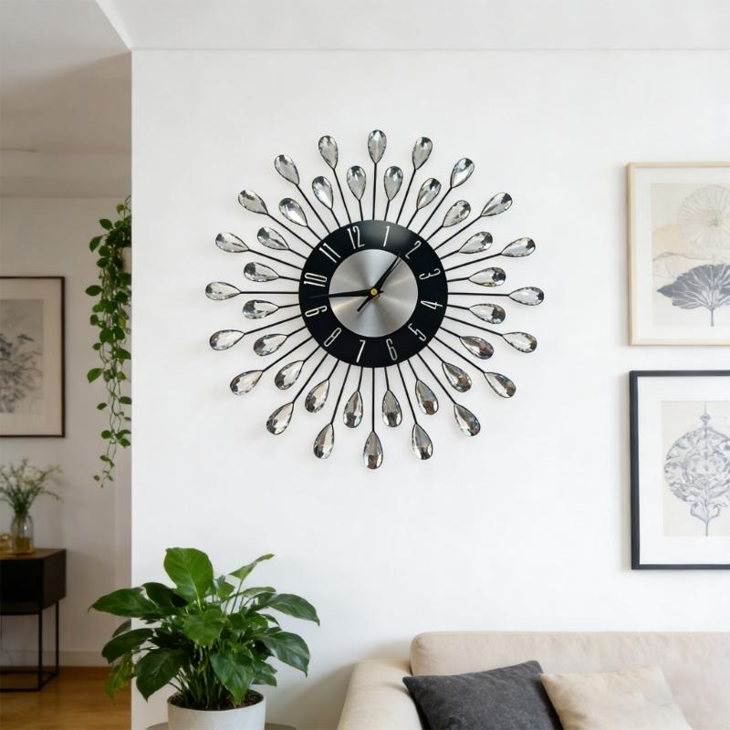 Crystal Leaves Wall Clock None-Ticking Silents Battery Operated Clocks Decorative Wall Clocks for Living Room Decors