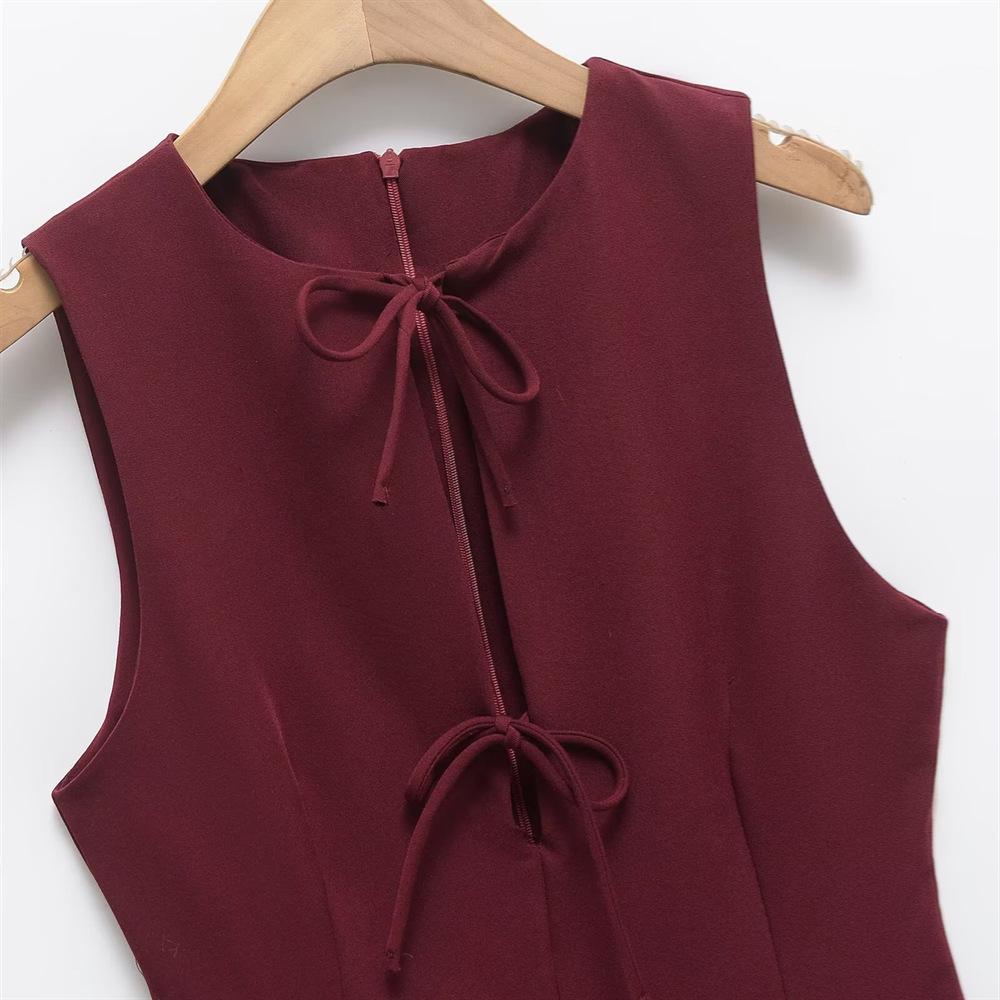 2025 Spring/Summer Women's High-End Vest Dress with Wavy Hem and Bow Detail