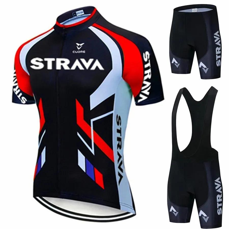 Strava Bicycles Cycling Jersey Set MTB Mens Cycling Maillot Summer Cycle T-Shirt Bib Shorts Suit Triathlon Mountain Bike Clothes