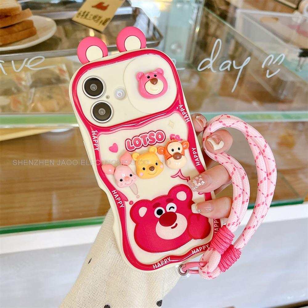 

Для iPhone 16 15 14 13 12 Pro Max Plus 11 Милый мультяшный Винни Пух Лотсо Выдвижная камера с ремешком на запястье Чехол для телефона iPhone 15 Pro