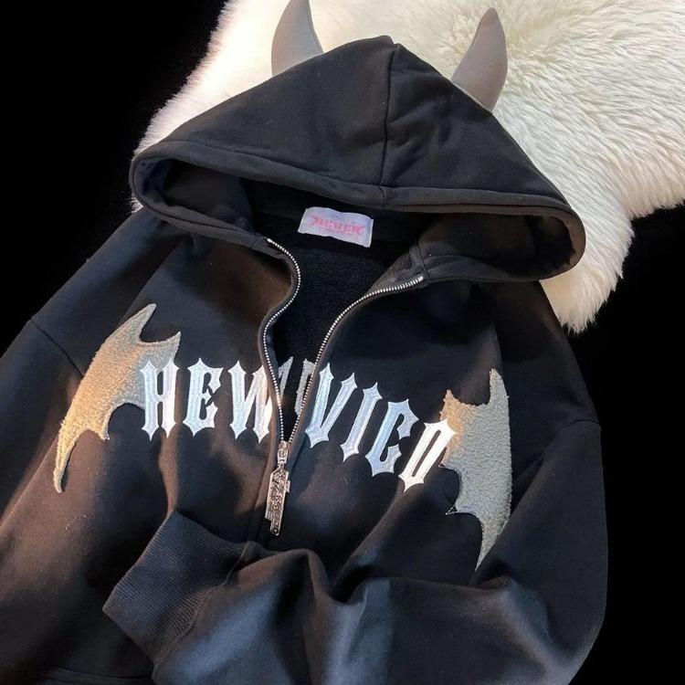 Casual Loose Long Sleeve Sweatshirt Women Gothic Embroidered Zip Up Hoodie Retro Couple Fashion Devil Hooded Autumn Winter
