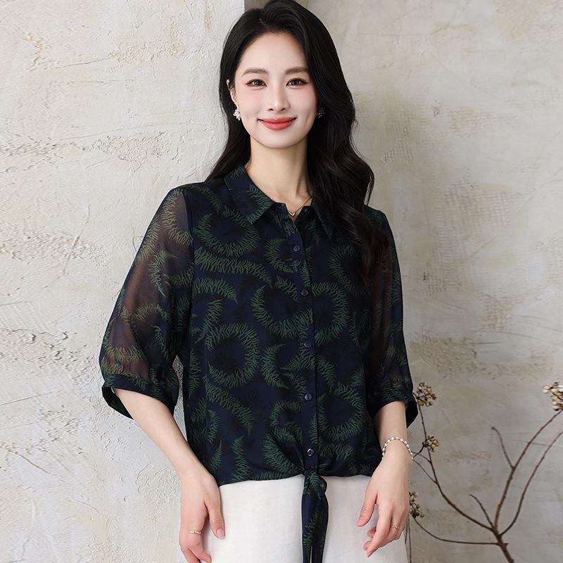 

Elegant Summer Chiffon Tie-Up Blouse with Lapel & 3/4 Sleeves for Women 3XL (60-70kg) небесно-голубой