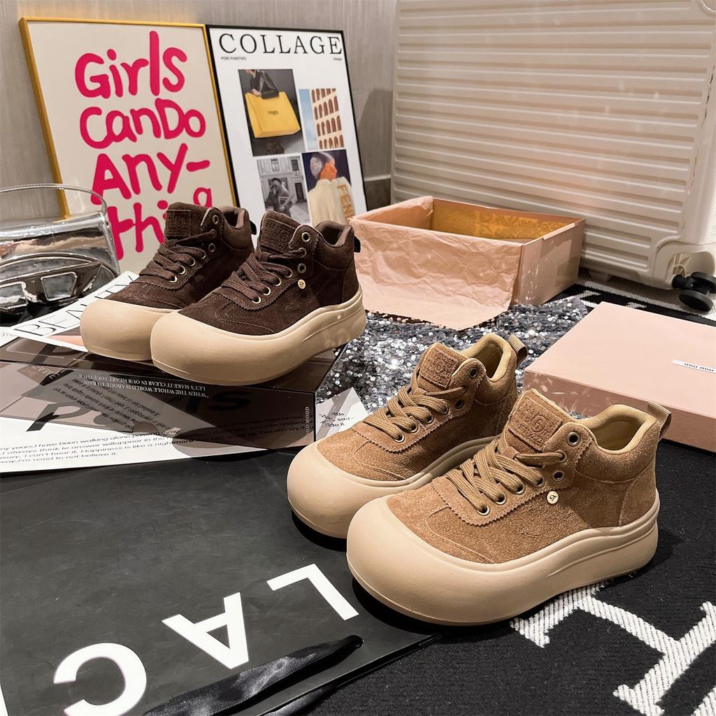 [Fanfna] velvet high-top shoes for women's comfort and leisure 2025 autumn new thick-soled heightening fashionable versatile board shoes