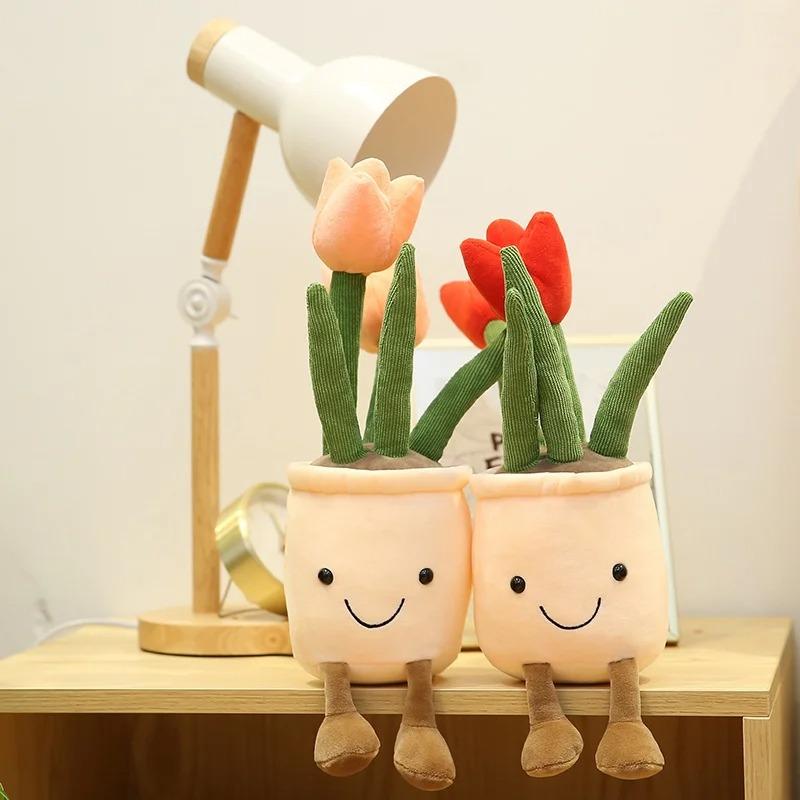 Lifelike Tulip Plant Plush Soft Plush Stuffed Toys Potted Flower Tulip Bookshelf Home Living Room Decor For Girl Gift