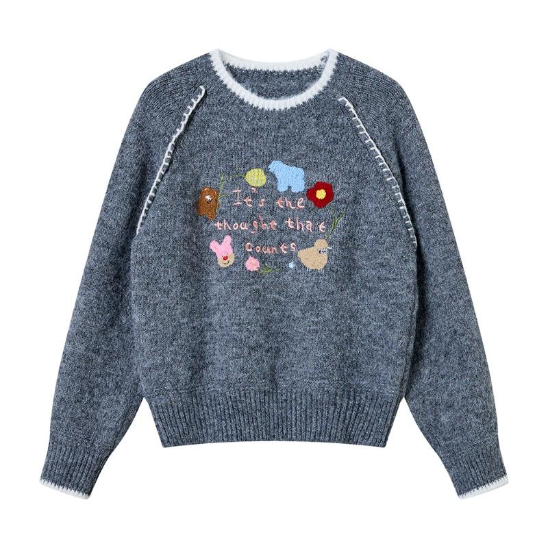 Vintage Embroidered Sweater Women Korean Style Loose Fit Casual Top Floral Design