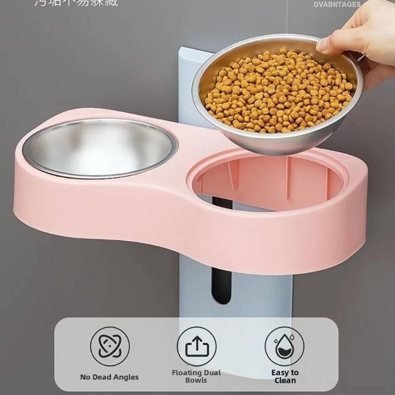 Wall Mounted Cats Watering Bowl Space Saving Height Adjustable Dog Eatting Bowl Double Bowl Neck Protection Pet Feeding Bowl