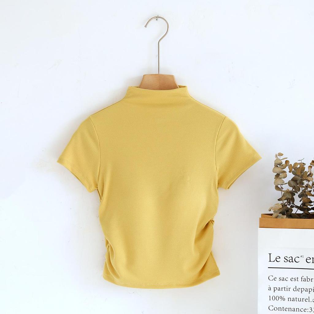Women's Slim High Collar Short Sleeve T-Shirt with Chest Pads