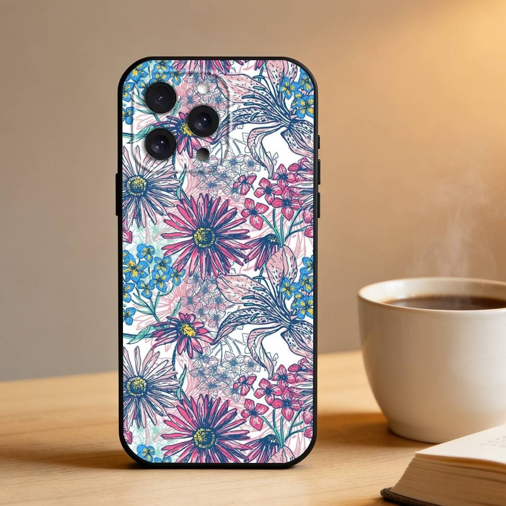 Flowers art  Phone Case For iPhone 16,15,14,13,12,17,Pro Max,Plus Silicone Black Case