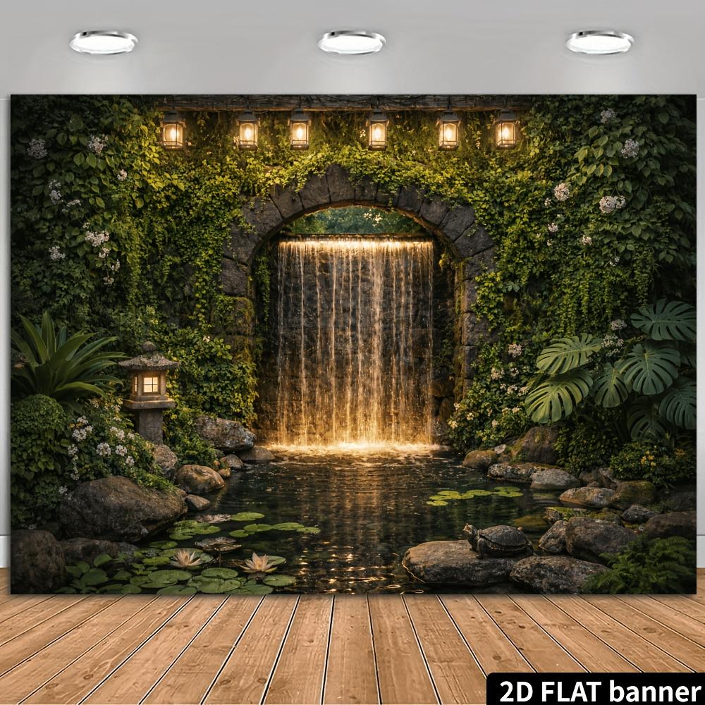 2D Planar Courtyard Water Feature Theme Banner Background - Secret Garden Stone Archway Waterfall Theme Polyester Material