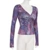 French Romantic Purple V-Neck Pleated Waist Retro Top with Long Sleeves