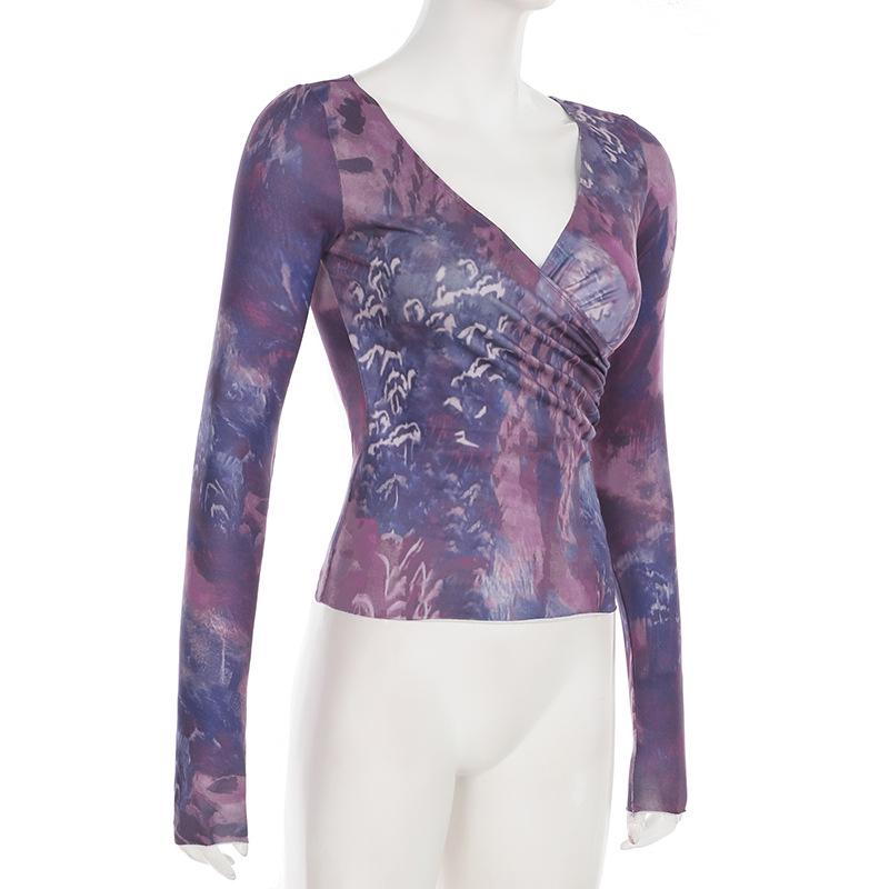 French Romantic Purple V-Neck Pleated Waist Retro Top with Long Sleeves