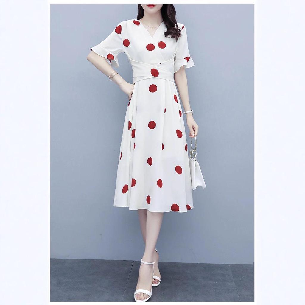 2024 Summer Women's Korean Style Plus Size Polka Dot Dress - Flattering Loose Fit for a Youthful Look