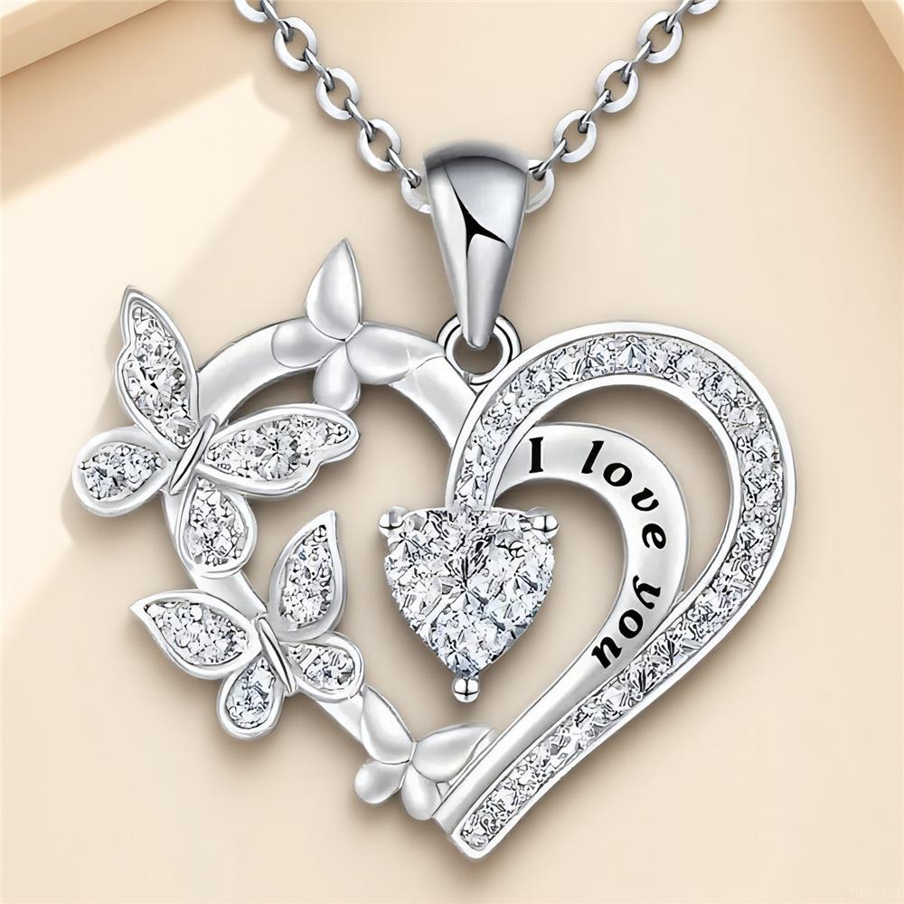Female Crystal White Purple Zircon Stone Heart Butterfly Pendant Necklace Vintage Silver Color Wedding Jewelry For Women