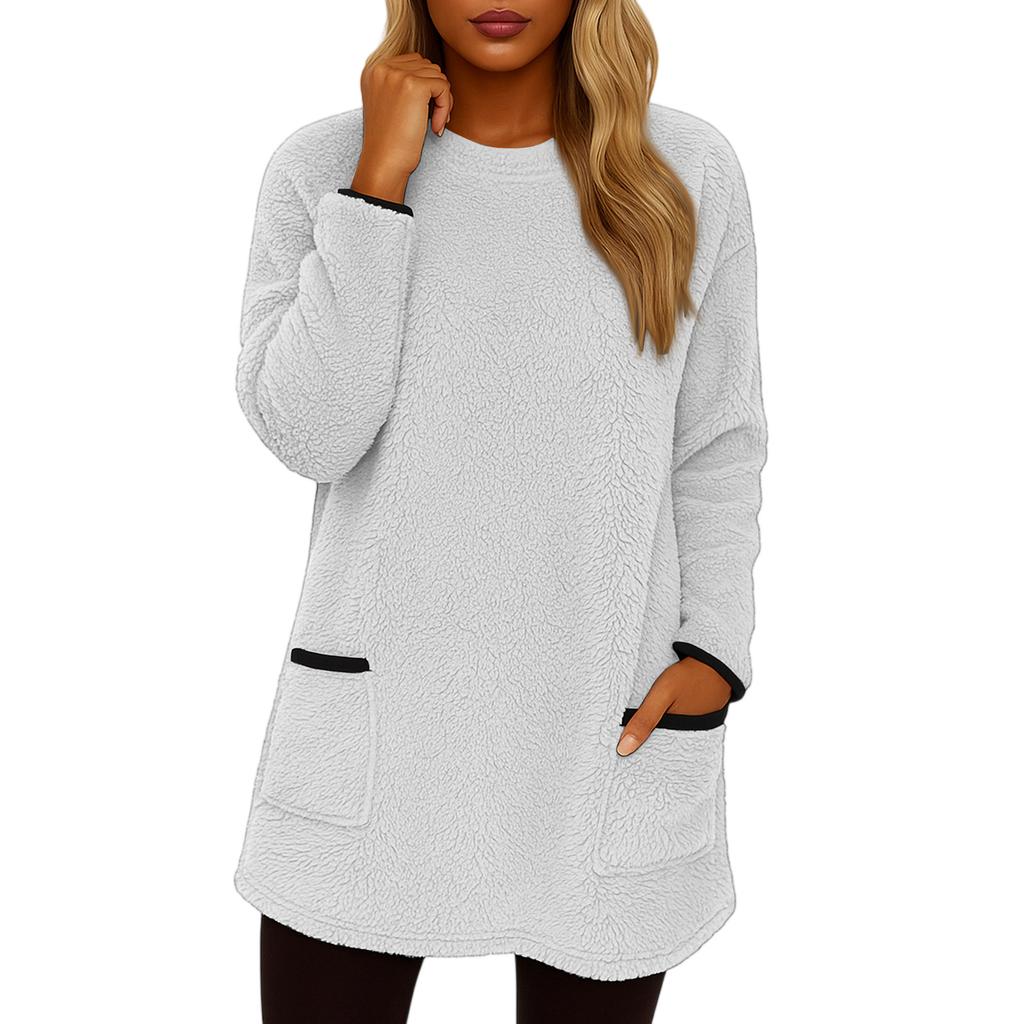 Women's Fashionable Solid Color Round Neck Long Sleeved Warm Plush Casual Top