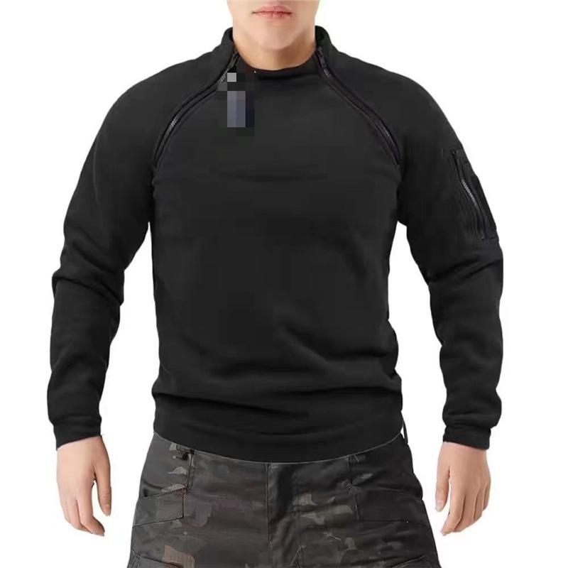 Men's Long-Sleeve Warm Tactical Sweatshirt with Stand-Up Collar, Solid Color, European Size for Spring and Autumn.