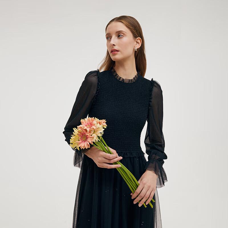 GOELIA French Style Slimming Mesh A-Line Black Dress