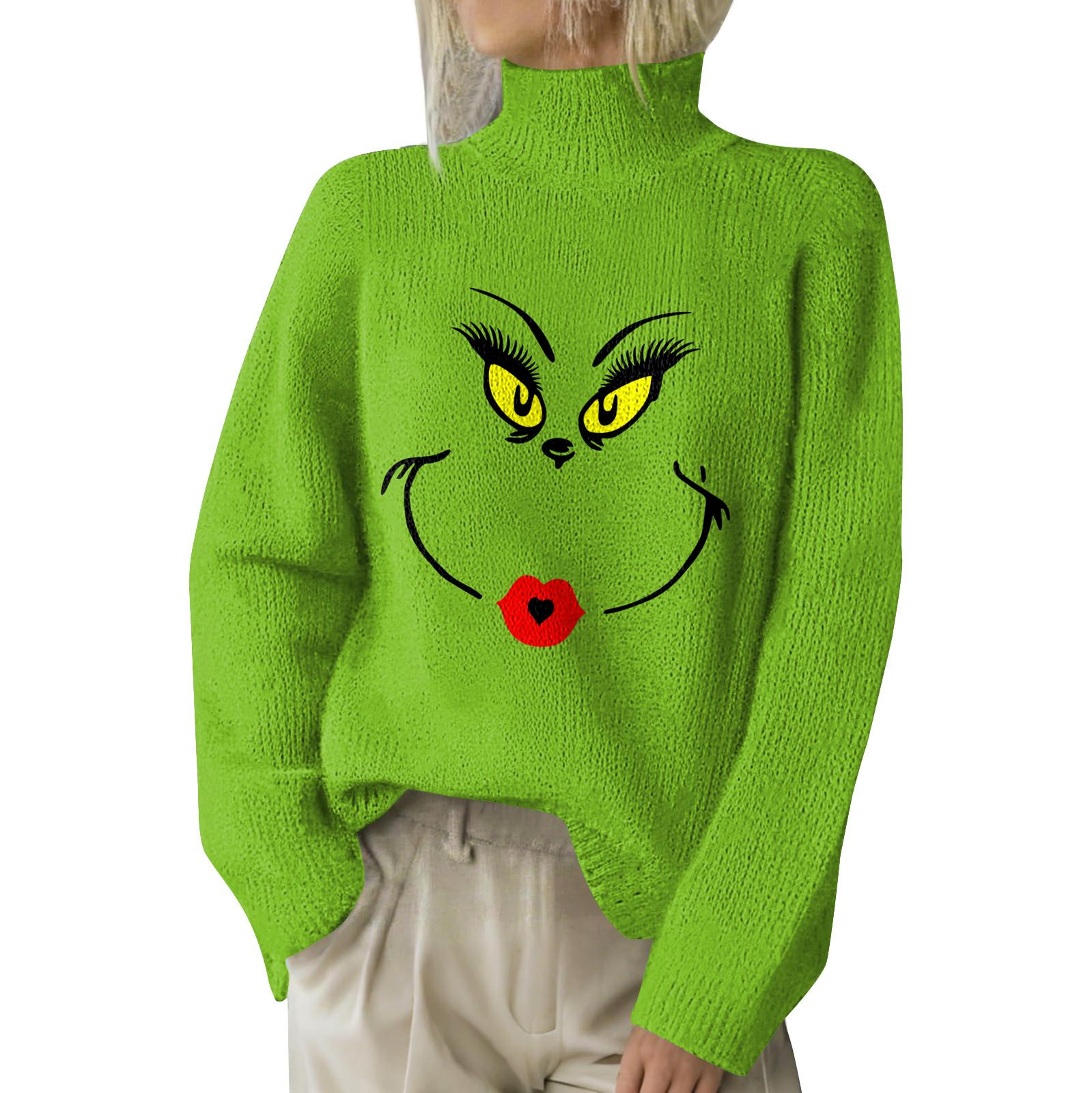 

Рождественские толстовки для женщин Вязаный свитер Милая рубашка Осенняя водолазка Пуловер Топы L темно-зеленого