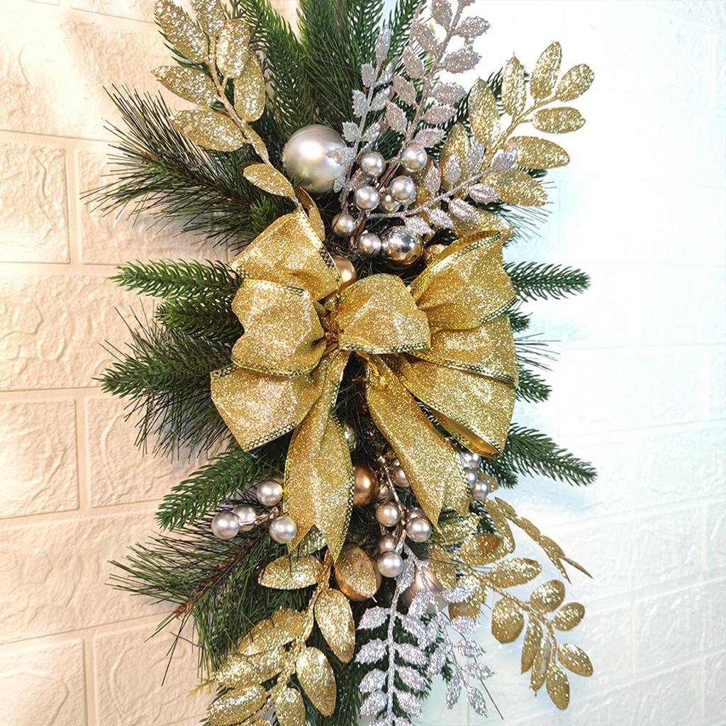 Xmas Stairway Wreath with 20 Lights 2M String Stair Railing Swag for Home Setting Holiday Decoration 60x35cm Golden