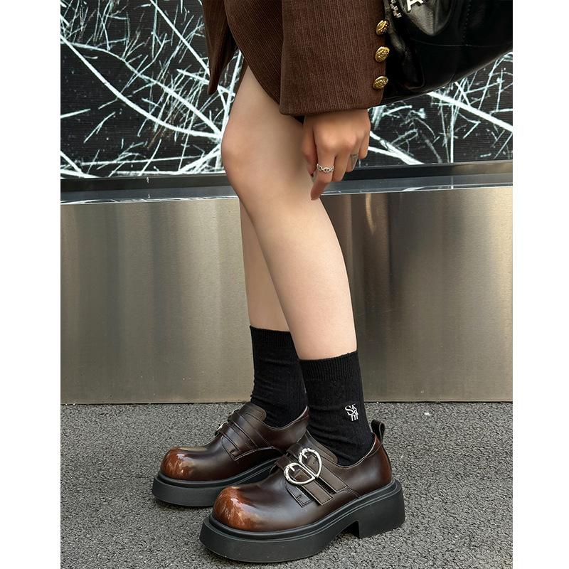 Genuine Leather Platform Leather Shoes Women's Shoes Early Spring New All-Match Double Buckle Loafers Mary Jane Shoes Pumps