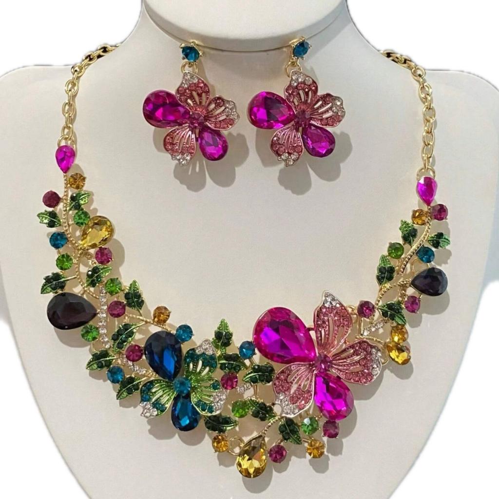 Flower Necklace And Earrings Set - Bridal Dress Accessory For Bridesmaid At Wedding Banquet