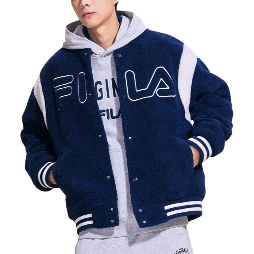 Fila Letter Color Block Single-Breasted Long Sleeve Baseball Jacket Men Jackets Deep-Dark-Blue F11M349502F-DB