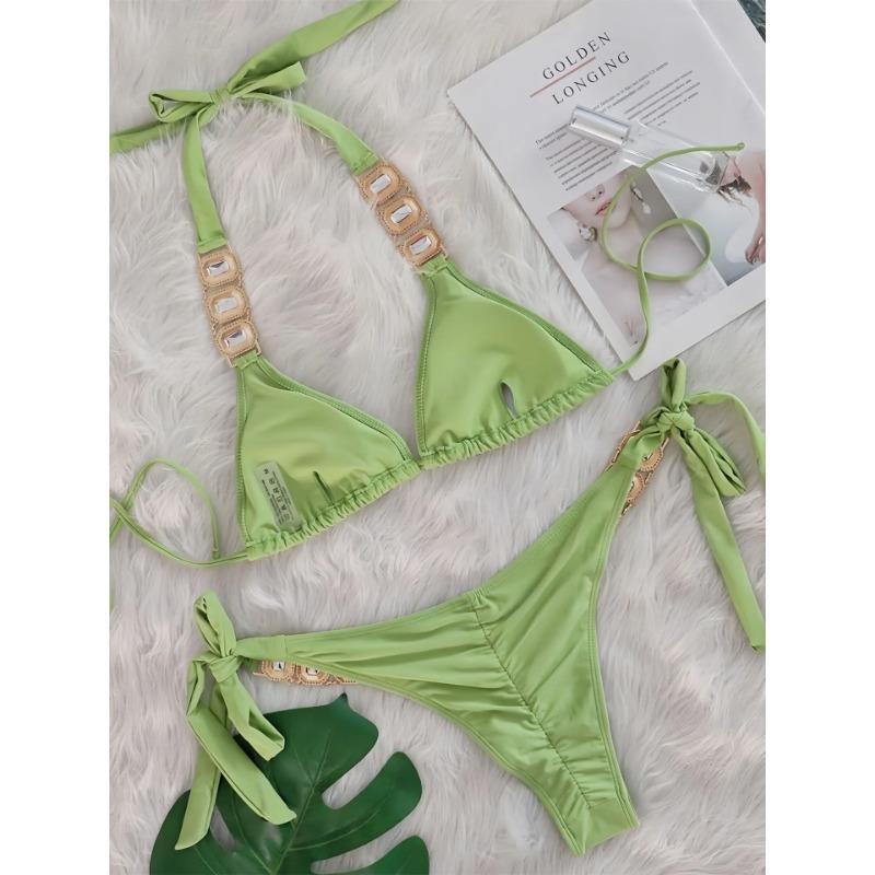 Sexy Rhinestone Bikini Set Women 2025 Luxury Pink Crystal Diamond Push Up Bandage Thong Swimsuit Beach Bathing Suit Swimwear