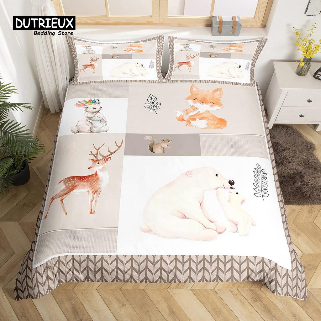 Cute Panda Duvet Cover Set Kawaii Rainbow Cartoon Animals Bedding Set Full Microfiber White Flowers Pink Heart Comforter Cover