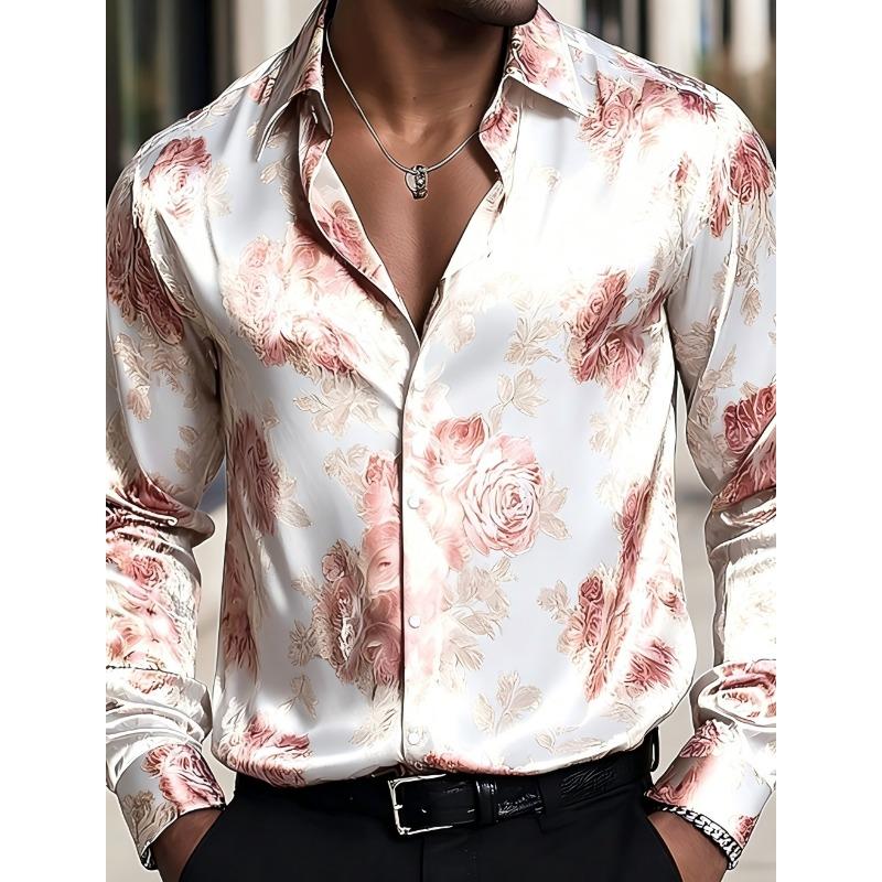Men's Floral Pattern Rose Shirt, Long Sleeved Retro Vacation Daily Wear, Summer and Spring 3D Printed Shirt