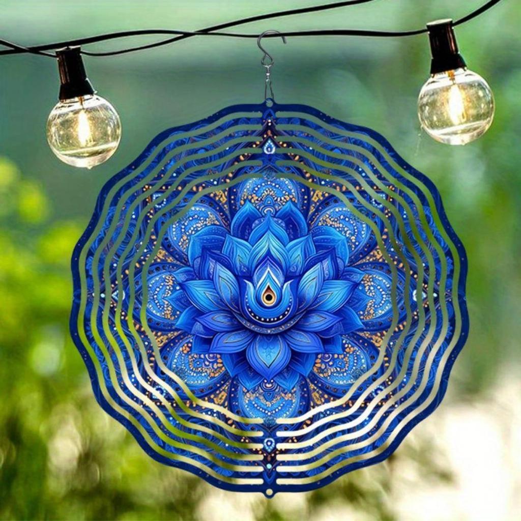 Metal Windmill Garden Decor Blue Lotus Mandala Hanging Wind Spinner Outdoor Yard Balcony Decoration No Electricity Needed Easy Install
