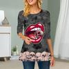 Plus Size Women Flower Red Lips Print Round Neck Casual Loose Long Sleeve Top
