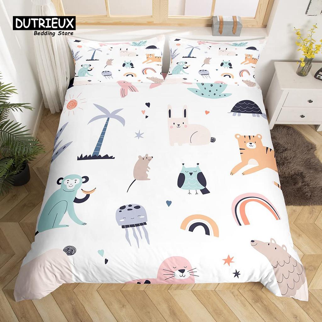 Cute Panda Duvet Cover Set Kawaii Rainbow Cartoon Animals Bedding Set Full Microfiber White Flowers Pink Heart Comforter Cover