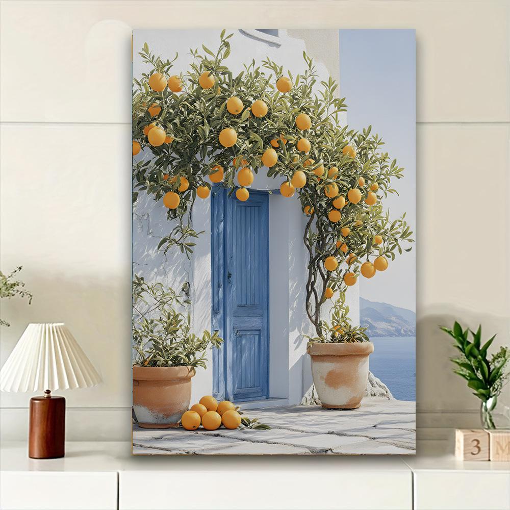 Modern Coastal Landscape Wall Art: Lemon Med Scenery Window Frame Design for Living Room & Bedroom
