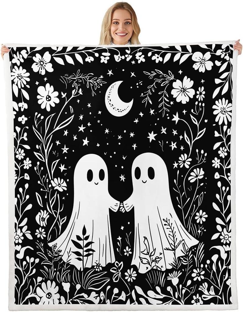 GUOYU Decke Happy Halloween Fleece-Decke Baby Kürbis Geist Feiertags Sherpa-Decke Gotische Fledermäuse Florale Pflanzen Flauschige Plüschdecke für Kinder