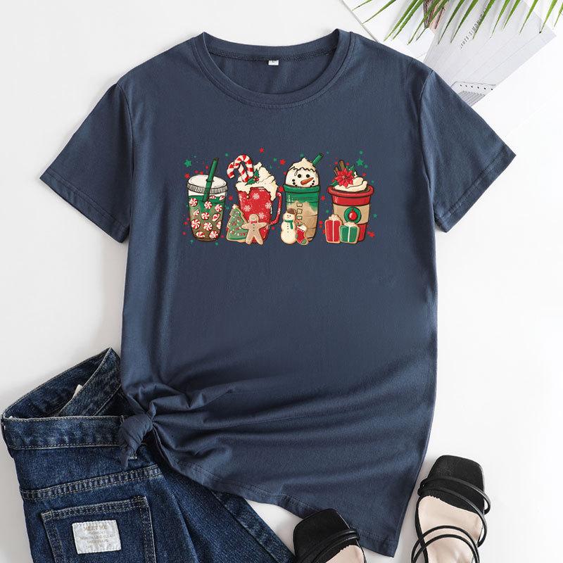 Summer Loose Christmas Print Pure Cotton Round Neck Short Sleeved T-Shirts Women’s
