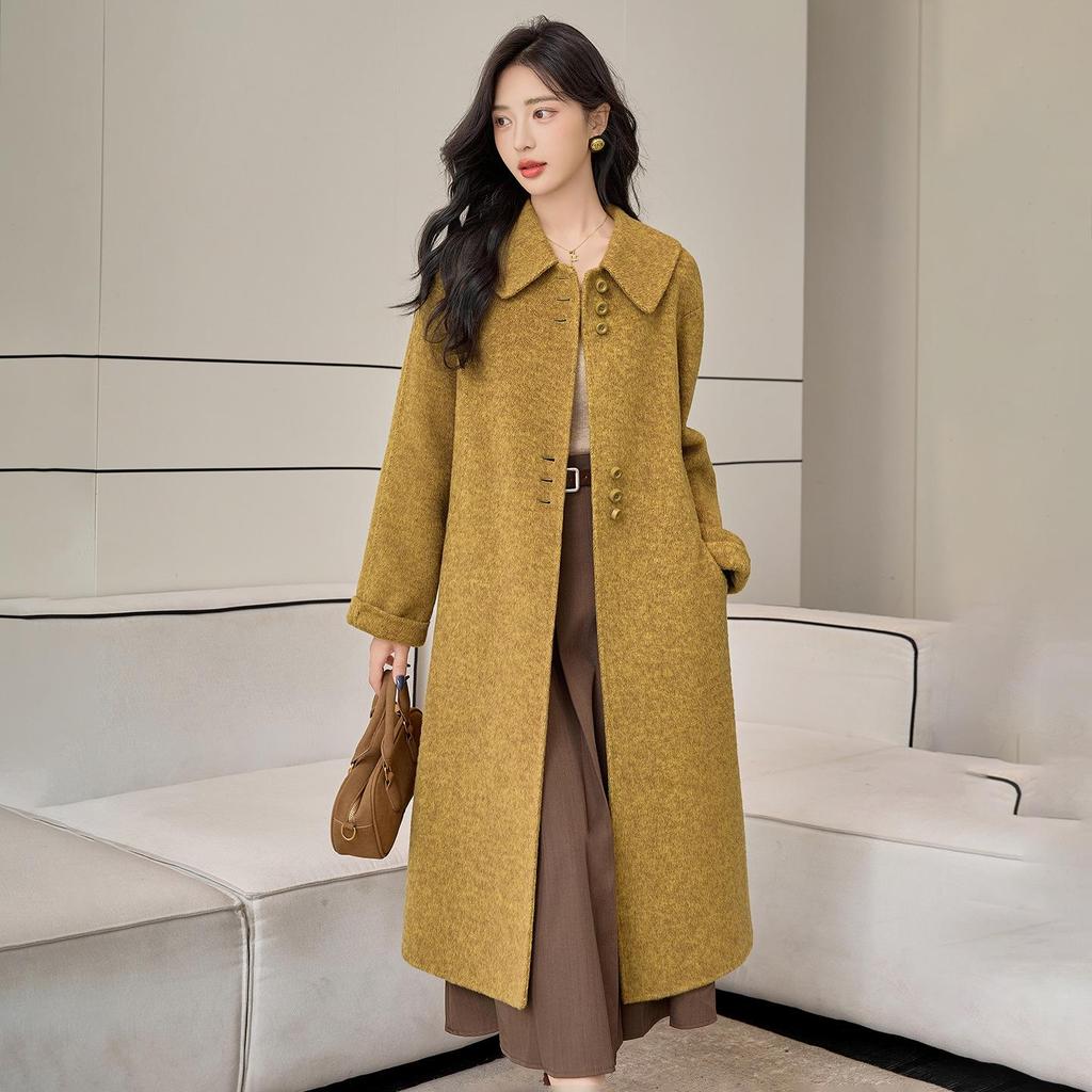 2025 Autumn/Winter Korean A-Line Cashmere Wool Overcoat with Doll Collar - Loose, Plus Size Fashion.