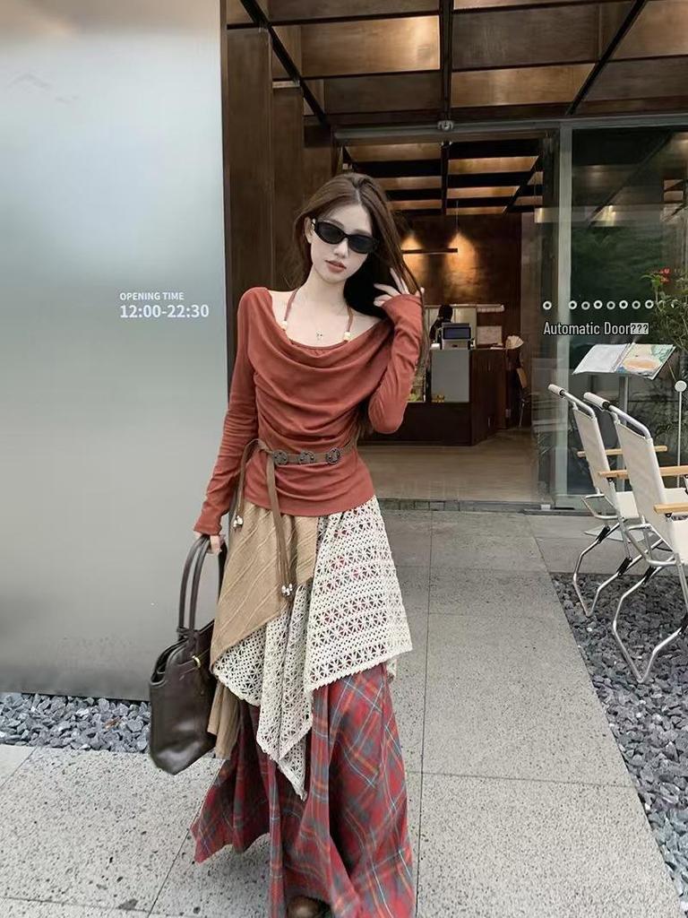 Retro Japanese Ethnic High-Waisted Slim Long Skirt for Women - Autumn/Winter Spliced Design