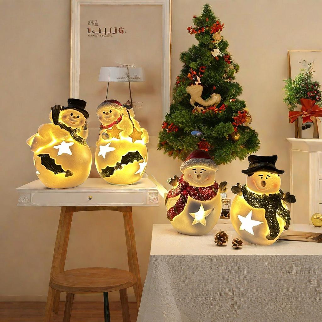 Christmas Night Lights Snowman Pair Ornaments Home Use Living Room Resin Crafts Tabletop Decoration Gift Idea Durable