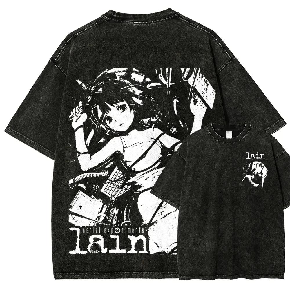 T-shirt Grafica Classica Retrò Anime Serial Experiments Lain Vestibilità Larga Casual Oversize Cotone Lavato Vintage Top Streetwear