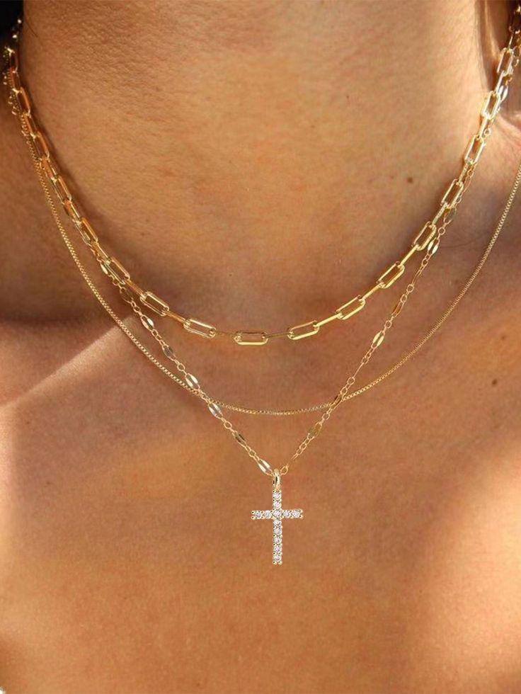 Minimalism Plated Layered Cross Necklace Set Cubic Zirconia Pendant Paperclip Chain Dainty Stackable Choker Fashion Jewelry