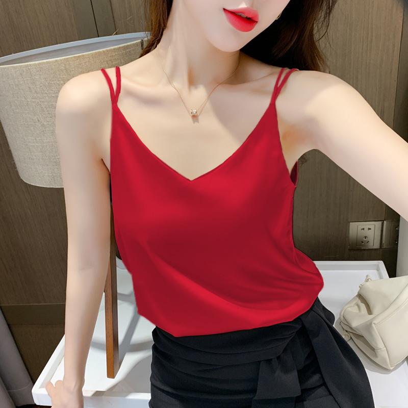Women Satin Double Spaghetti Strap Cami Top V‑Neck Loose Plus Size Sleeveless Tank Top Silky Acetate Inner Camisole M‑4XL