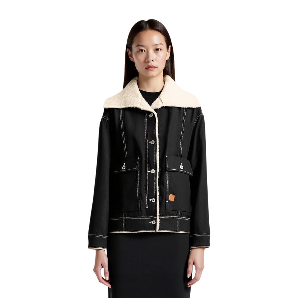 Li Ning Sports Lifestyle Series Solid Color Faux Lamb Fleece Warm Loose Washable Denim Jacket Women Jacket Deep-Black-Denim AJDT628-2